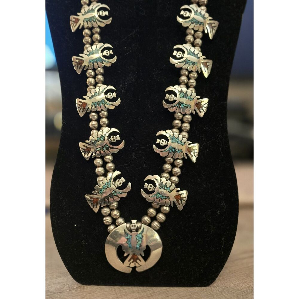 25" Navajo Sterling Silver Turquoise Coral Chip Inlay Peyote Bird Squash Blossom